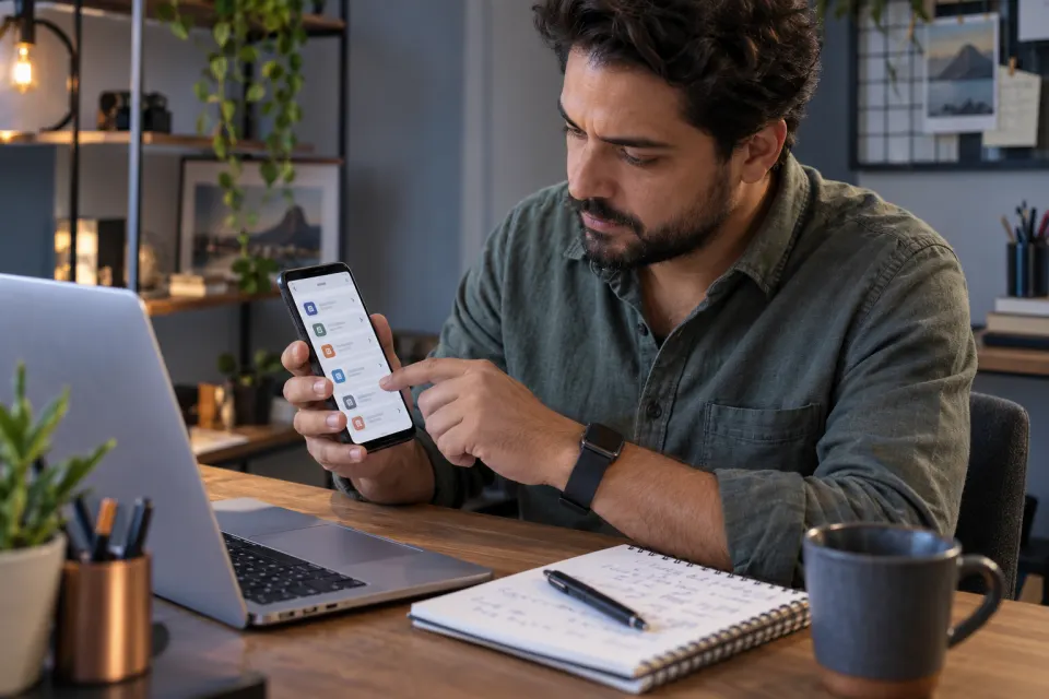 Homem escolhe uma consulta numa lista no celular, com notebook e caderno ao lado